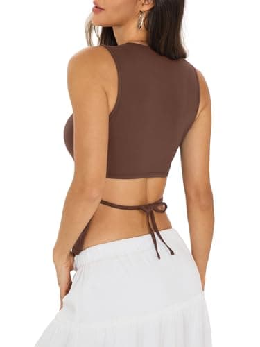 Eachyes Womens Open Back Tank Top High Neck Sleeveless Shirts Summer Sexy Tie Backless Crop Tops Slim Fit Y2k Going Out Cute Crew Neck Clothes 2026 Brown Medium - Image 1