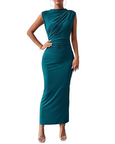 BTFBM Women Ruched Bodycon Maxi Dresses Summer Casual Sleeveless Lightweight Slit Elegant Cocktail Wedding Guest Dress(Dark Blue, Small) - Image 1