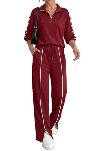BTFBM Two Piece Sets for Women Fall Fashion 2026 Long Sleeve Half Zip Lounge Set Wide Leg Pants Vacation Airport Outfits (Wine Red,X-Large) - Image 1