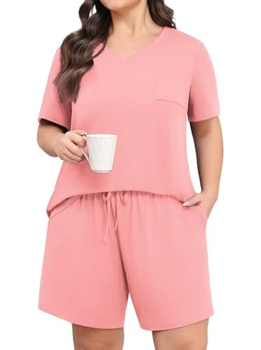 Lastshe Womens Plus Size Pajama Set 2 Piece Soft V Neck Short Sleeve with Pockets Summer Shorts Sleepwear Pjs Lounge Set,Pink Red-3X - Image 1
