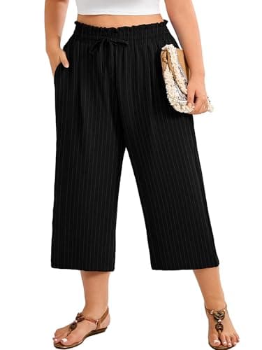 AusLook Plus Size Capri Wide Leg Pants for Women with Pockets High Waisted Elastic Drawstring Summer Casual Flowy Boho Vacation Beach Cropped Black White Stripes 4X Trousers - Image 1
