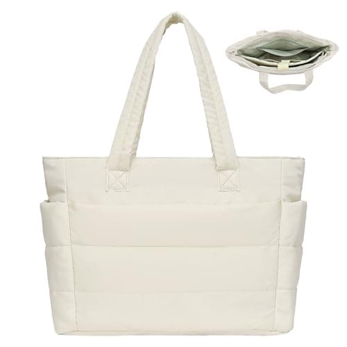JHhomezeit Puffer Tote Bag for Women-Large Work Tote Bags Quilted Lightweight Puffy Bags Shoulder Bag with Laptop Compartment Beige - Image 1