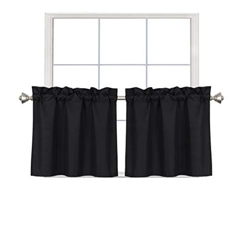 Home Queen Blackout Rod Pocket Tier Curtains for Small Window, Short Room Darkening Basement Curtains, Cafe Drapes, 2 Panels, 30 W x 24 L Inch Each, Black - Image 1