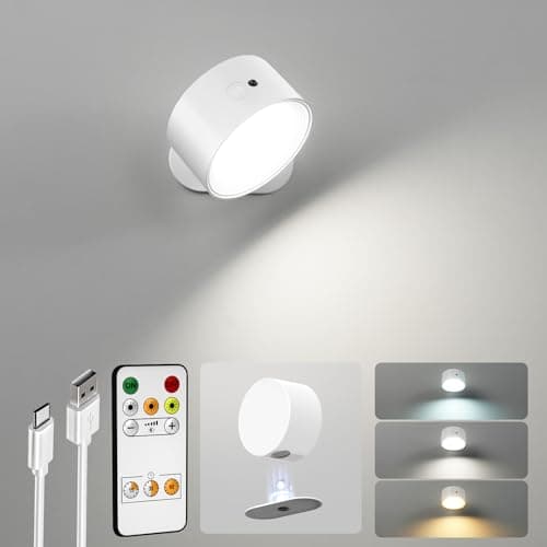 AMETHEUS LED Wall Mounted Lights, Rechargeable Wall Sconces Lamp, 3 Color Temps & Remote and Touch, 360°Rotation Dimmable Cordless Wall Light for Study Bedroom Reading Bedside(White, 1 Pack) - Image 1
