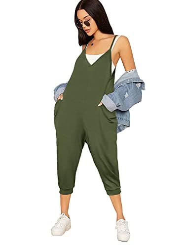 STOLKISS Women’s Spaghetti Strap Jumpsuits Summer Casual Sleeveless V Neck Thin Shoulder Strap Adjustable Jumpsuit Pant with Pockets (Y017 Green, X-Large) - Image 1