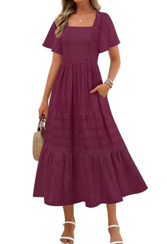MEROKEETY Women's 2026 Summer Flowy Midi Maxi Dress Short Sleeve Square Neck Smocked Tiered Ruffle Boho Dresses with Pockets, Wine, XL - Image 1