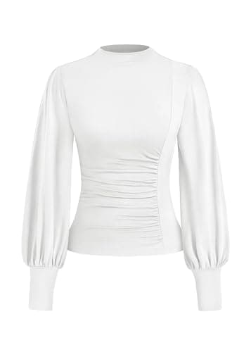 KIRUNDO Blouses for Women Dressy Casual 2026 Fall Ruched Puff Long Sleeve Shirts Mock Neck Underscrub Fitted Trendy Tops (White, X-Small) - Image 1