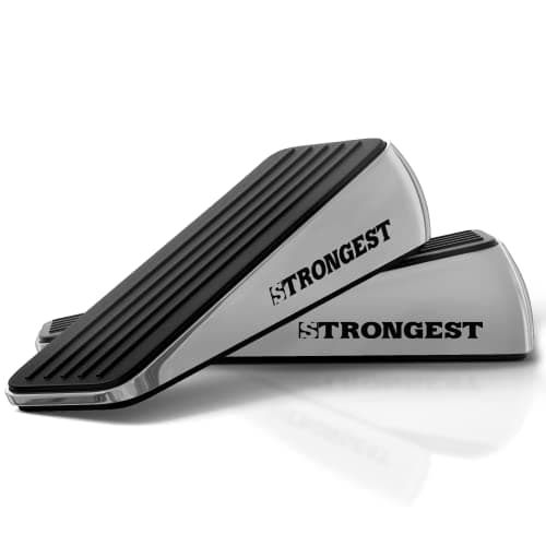 Strongest Home Heavy Duty Door Stopper Wedge (2 Chrome PCs) | Non-Slip Rubber and Metal Door Stop for Heavy Doors | Work on Wood, Tile, Carpet + 2 White Wall Protectors - Image 1
