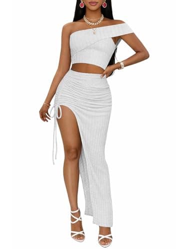 2 Piece Skirt Sets for Women Summer - Sexy Two Piece Outfits Off Shoulder Sleeveless Crop Top Drawstring High Slit Bodycon Maxi Long Skirt Beach Dresses Cover Up Vacation Outfits White, 2XL - Image 1