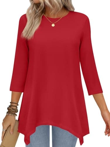JUSTFASHIONNOW Womens Red Tunic Tops to Wear with Leggings 3/4 Sleeve Flowy Tops for Women Summer Winter Outfits Asymmetrical Tops(Red,XX-Large - Image 1