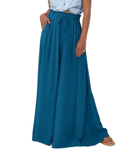 BTFBM Wide Leg Palazzo Pants for Women 2026 Summer Spring Casual High Waisted Flowy Trousers Boho Beach Vacation Outfits(Solid Lake Blue, Medium) - Image 1