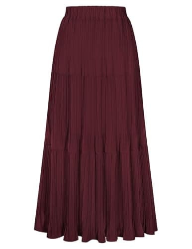 Kate Kasin Women's Chiffon Maxi Skirt, Pleated High Waist Long Skirts, Summer Tiered A Line Flowy Skirts Wine Red - Image 1