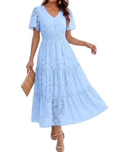 Caracilia Womens 2026 Spring Wedding Guest Maxi Dress Summer Boho Floral Short Sleeve V Neck Beach Vacation Tea Party Dresses Sky Large - Image 1