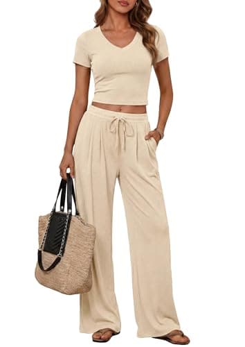 PRETTYGARDEN 2 Piece Sets for Women Summer 2026 Spring Lounge Set Matching V Neck Tops Wide Legs Pants Airport Travel Outfits (Apricot,X-Small) - Image 1