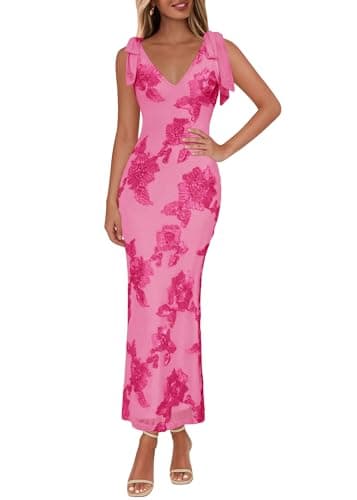Lazysmile Womens Floral Embroidered Maxi Dress Sleeveless V Neck Tie Strap Ribbon Flower Mesh Party Cocktail Dresses - Image 1