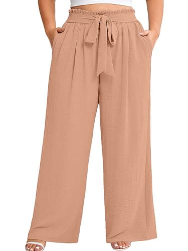 AusLook Plus Size Wide Leg Pants for Women High Waist Elastic Drawstring Palazzo Casual Lounge Peach Puff 2X Pants with Pockets Flowy Travel Work Office Comfortable Summer Casual Trousers - Image 1