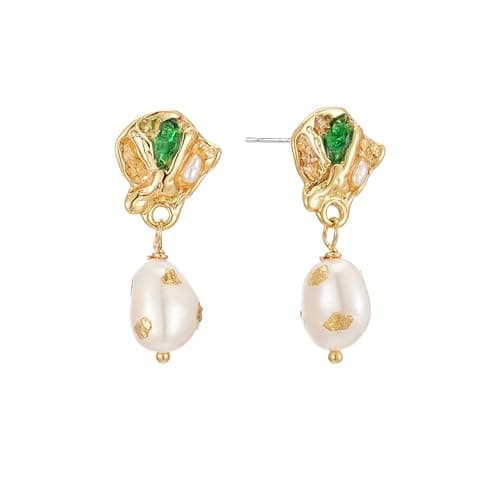 Sylph Pearl Earrings for Women Copper 18K Gold Plated Pearl Stud Dangle Earring with Emerald Cubic Zirconia Jewelry Gifts - Image 1