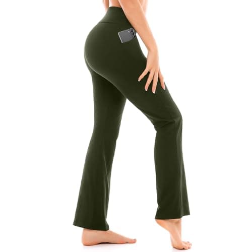 Walifrey Flare Leggings with Pocket for Women,High Waisted Opaque Flare Pants for Yoga Workout Army Green S - Image 1