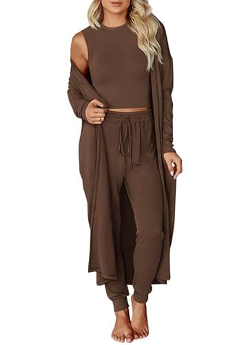 KIRUNDO 3 Piece Lounge Sets for Women Airport Travel Vacation Outfits 2026 Fall Cardigan Matching Sleeveless Top Jogger Pants(Brown, Medium) - Image 1