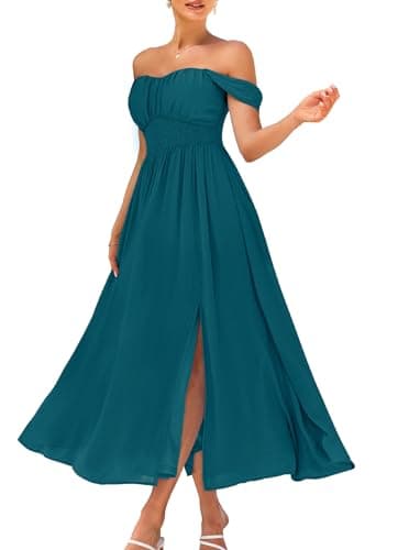 GRACE KARIN Summer Peacock Blue Dress for Women 2026,Off the Shoulder Smocked Bridesmaid Dresses,Formal Baby Shower Maxi Dresses M - Image 1