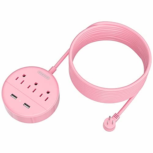 Pink Extension Cord 15ft, NTONPOWER Flat Plug Power Strip with Long Extension Cord, 3 Outlet 2 USB Desktop Charging Station Wall Mount for Home, Dorm Room, Office and Nightstand, ETL Listed - Image 1