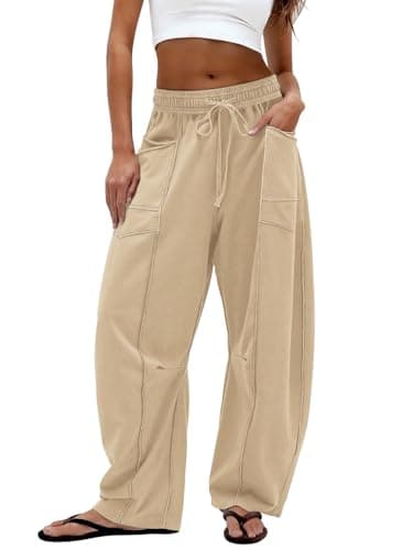 Dokuritu Barrel Sweatpants Women Drawstring Casual Elastic Waist Baggy Pants Lounge Palazzo Pants with Pockets Khaki - Image 1