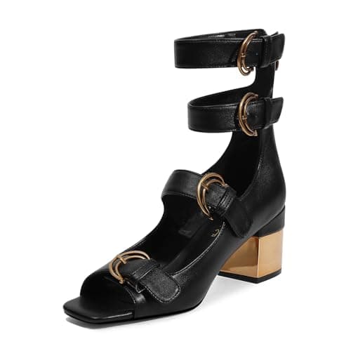 LOCERICH Womens Heeled Sandals Chunky Block Heels Open Toe Strappy Comfortable Ankle Strap Gold Low Heel Dress Shoes for Women - Office, Date, Party, Summer Casual Outings - Image 1