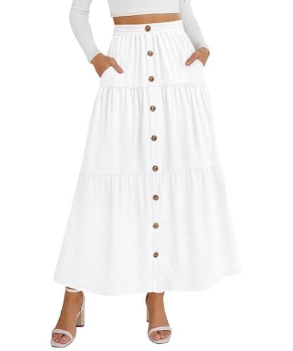 KUOTAI Women's Maxi Skirt Elastic Waist Tiered A-Line Boho Casual Flowy Long Skirts with Pockets, White, XX-Large - Image 1