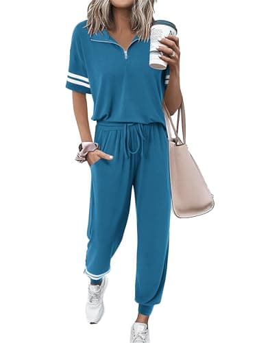 MASCOMODA Womens Two Piece Outfits 2026 Summer Short Sleeve Quarter Zip Pullover Tops Jogging Pants Tracksuit Loungewear Set(Grey Blue,Large) - Image 1