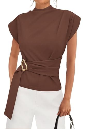 PRETTYGARDEN Women Blouses Spring Dressy Cap Sleeve Mock Neck Work Shirts Buckle Tunic Summer Business Casual Tops 2026(Light Brown,Medium) - Image 1