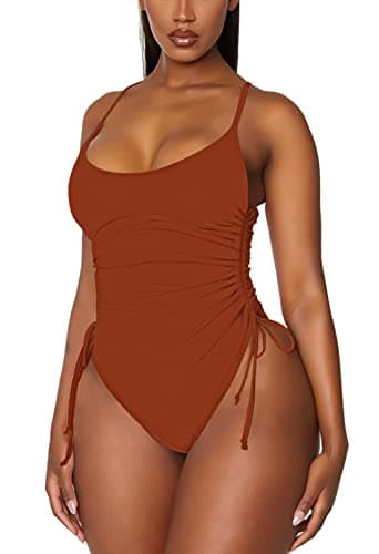 Viottiset Women's Ruched Drawstring One Piece Swimsuit Tummy Control Bathing Suit Burnt Orange Small - Image 1