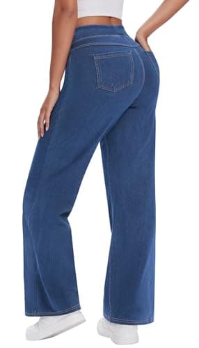 AVAMO Wide Leg Jeans for Women High Waist Stretchy Pull On Jeans Tummy Control Sweatpants Baggy Y2k Denim Pants with Pockets Medium Wash - Image 1