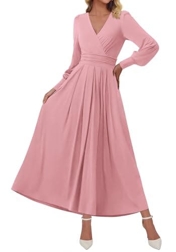 BTFBM Womens Long Sleeve Maxi Dress Fall 2025 Casual V Neck Knit A Line Flowy Pockets Elegant Party Wedding Guest Dresses(Pink, XX-Large) - Image 1