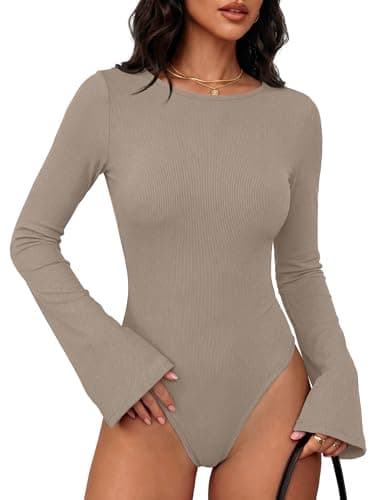 ANRABESS Womens Bell Sleeve Bodysuits Top,Light Khaki,M - Image 1