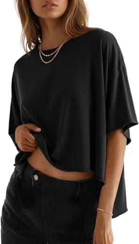 JINKESI Summer Shirts 2026 Womens Oversized T-Shirts Crew Neck Casual Short Sleeve Loose Basic Tee Tops Black-S - Image 1