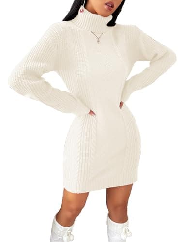 SunnyMelody Womens Turtleneck Cable Knit Sweater Dress Fall Winter 2025 Christmas Ugly Sweaters Cute Ladies Dressy Casual Long Sleeve Mini Dresses White S - Image 1