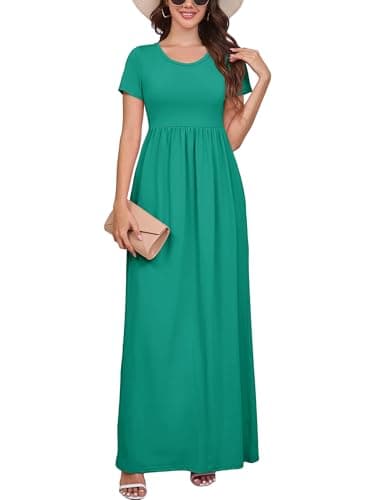 DEARCASE Maxi Dress for Women Emerald Green Small Crewneck Short Sleeve Sundresses Wedding Guest A-line Casual Loose Party Vintage Spring Summer Vacation Flowy Beach Long Dresses with Pockets - Image 1