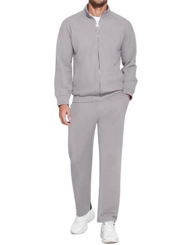 COOFANDY Zip Up Sweat Suit For Men Tracksuit 2 Pieces Sweatsuits With Pockets Long Sleeve Jacket Pants Light Grey Small - Image 1