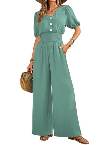 LOOKBOHO Womens Jumpsuits Short Sleeves V Neck Smocked High Waist Wide Leg Dressy Rompers Casual One Piece Outfits - Image 1
