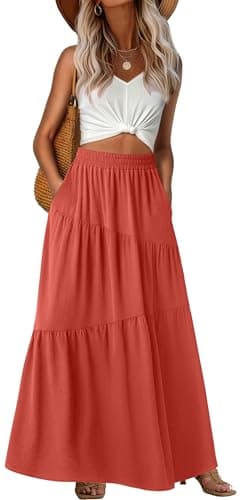 GRECERELLE Maxi Skirt for Women Casual Boho Tiered A-Line Flowy Beach Long Skirts with Pockets for Summer Beach Vacation, Living Coral, 2XL - Image 1
