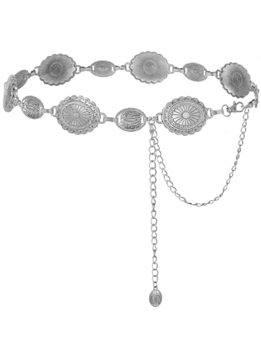 FIORETTO Concho Chain Belt for Women, Metal Western Cowboy Cowgirl Waist Chain with Oval Conchos, Boho Country Style Belt for Dress & Jeans, Silver, Length 49inch - Image 1