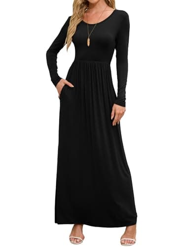 DEARCASE Women's Maxi Dress Long Sleeve Crewneck Loose Plain Casual Empire Waist Fall Party Long Dresses with Pockets (Dark Black - XX-Large) - Image 1