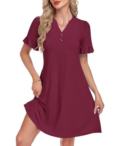 MOLERANI Women's Summer Casual T Shirt Dress V Neck Wedding Guest Simple Dress with Pockets Short Sleeve Ruffle A Line Beach Wear Classy Sundress 2026, Wine Red, 2XL