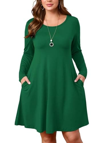 AusLook Women's Plus Midi Dress Long Sleeve Crew Neck A-Line Casual Swing Flowy Floral Vacation Boho Fall Maternity Wedding Guest Work Green 2X 2025 Dresses - Image 1