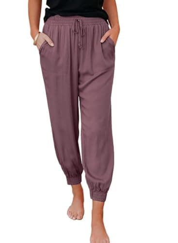 Dokotoo Womens Summer Comfy Casual Loose Solid Lightweight Drawstring Tie Elastic Waist Jogging Joggers Pants Sweatpants for Women with Pockets Purple Small - Image 1