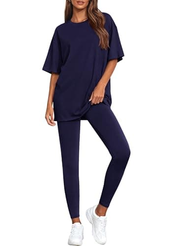 BTFBM Two Piece Lounge Set Women 2026 Spring Casual Oversized Shirts Leggings Matching Workout Airport Travel Outfits(Navy Blue, Small) - Image 1