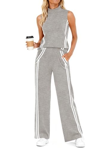 Casly Lamiit Womens 2 Piece Lounge Sets Casual Travel Outfits Sweat Suit Active Mock Neck Tank Tops Track Pants Matching Airport Clothes Light Grey XS - Image 1