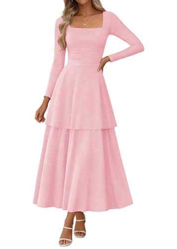 Lazysmile Women's Long Sleeve Fall Dresses Square Neck Ruched Waist Ruffle Hem Flowy Elegant Modest Boho Casual Maxi Dress Pink - Image 1