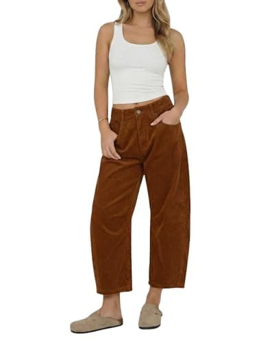 OctMoon Women’s Corduroy Barrel Pants Mid-Rise Elastic Waist Corduroy Pants Wide Leg Trousers Casual Wide Leg Baggy Trouser with Pockets(Brown)-L - Image 1