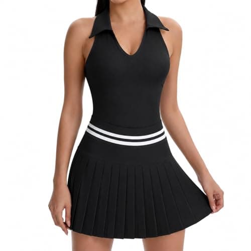 VIPARK Womens Tennis Skirt Set Sleeveless Ribbed Fitted Top and Pleated Mini Skirt with Built in Shorts Pockets Athletic Golf Workout Activewear Outfit Black - Image 1